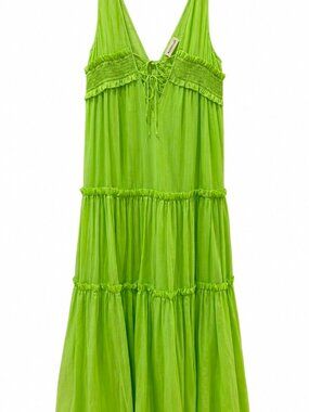 NICHOLAS Lime Green Tiered Maxi Dress Smocked Bodice Sleeveless US 8
